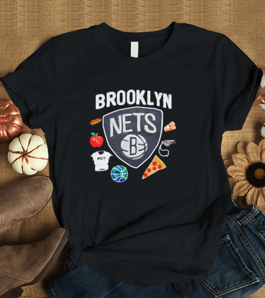 Brooklyn Nets NBA Claymation NYC Basketball Pizza Hot Dog Apple Icons T-Shirt