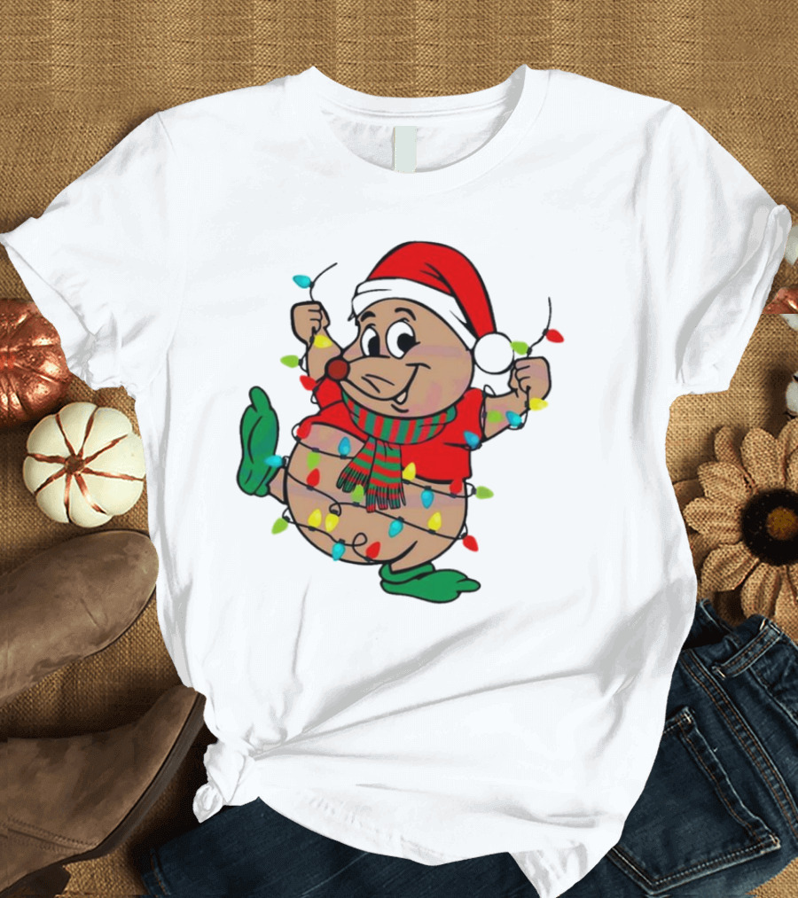 Gus Santa Hat Christmas Lights Cozy Festive Character with Bright Holiday Spirit T-Shirt