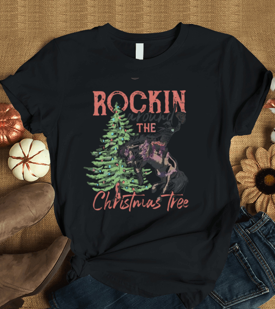 Rockin Around the Christmas Tree Horse and Holiday Lights T-Shirt