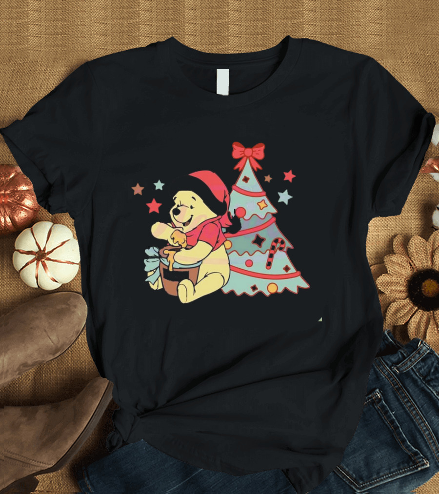 Winni the Pooh Bear Christmas Hunny Jar and Festive Tree T-Shirt