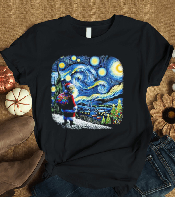 T-Shirt: Cat Santa Paws Van Gogh Starry Night Christmas Holiday Scene T-Shirt Cat Santa Paws Van Gogh Starry Night Christmas Holiday Scene T-Shirt
