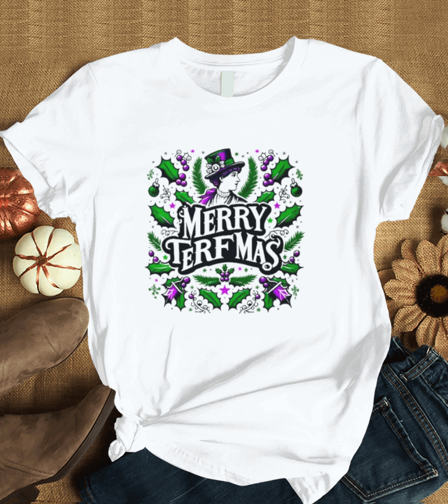 Merry Terfmas Victorian Style Holiday Design with Green and Purple Holly T-Shirt