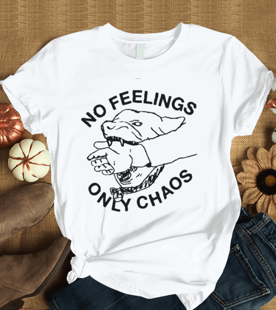 No Feelings Only Chaos Hand-Biting Shark Drawing T-Shirt