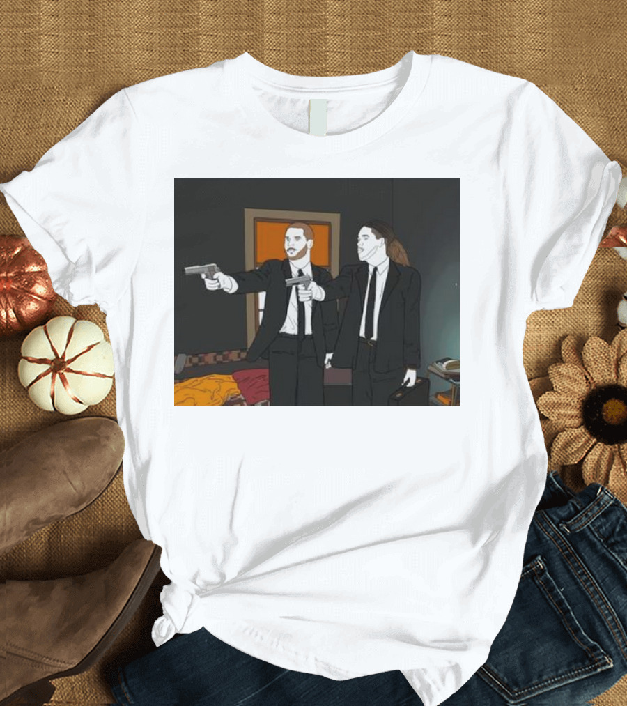 Pulp Fiction Bosa and Youn Duo with Guns Scene T-Shirt