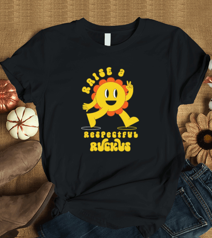 RAISE A RESPECTFUL RUCKUS CHARACTER WALKING WITH PEACE SIGN YELLOW AND ORANGE T-Shirt