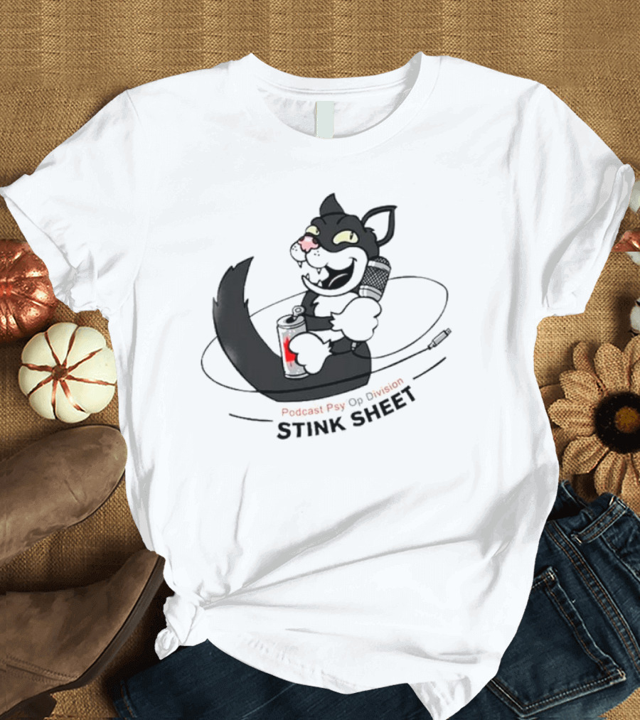 Podcast Psy Op Division Stink Sheet Mischievous Cartoon Cat with Microphone and Spray Can T-Shirt