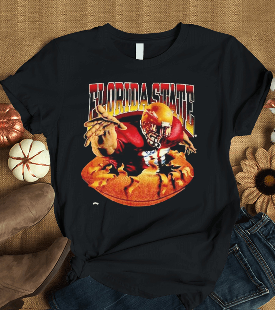 Florida State Seminoles FSU Football Player Emerging from Flames Two Sided Nutmeg T-Shirt