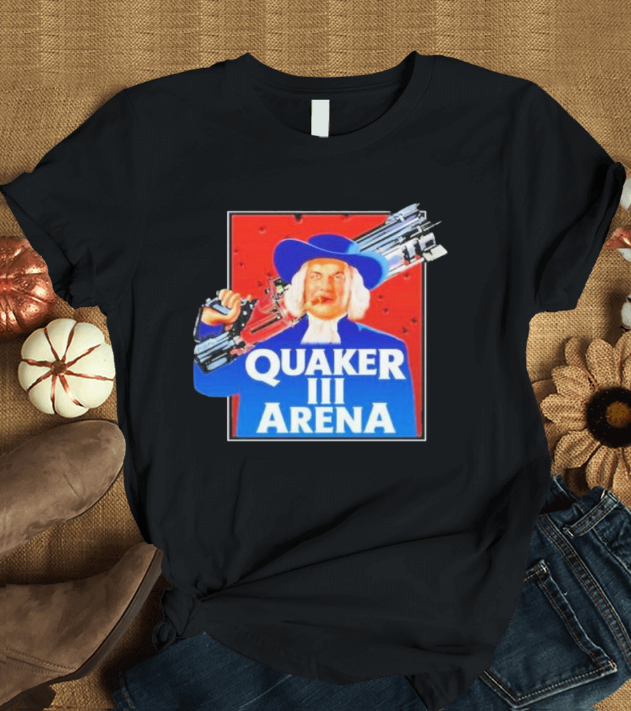 Quaker III Arena Parody Poster with Character in Blue Hat and Railgun T-Shirt
