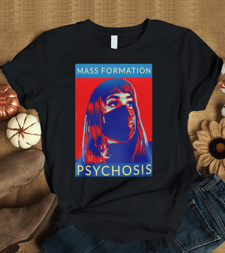 MASS FORMATION PSYCHOSIS Masked Portrait in Red and Blue T-Shirt