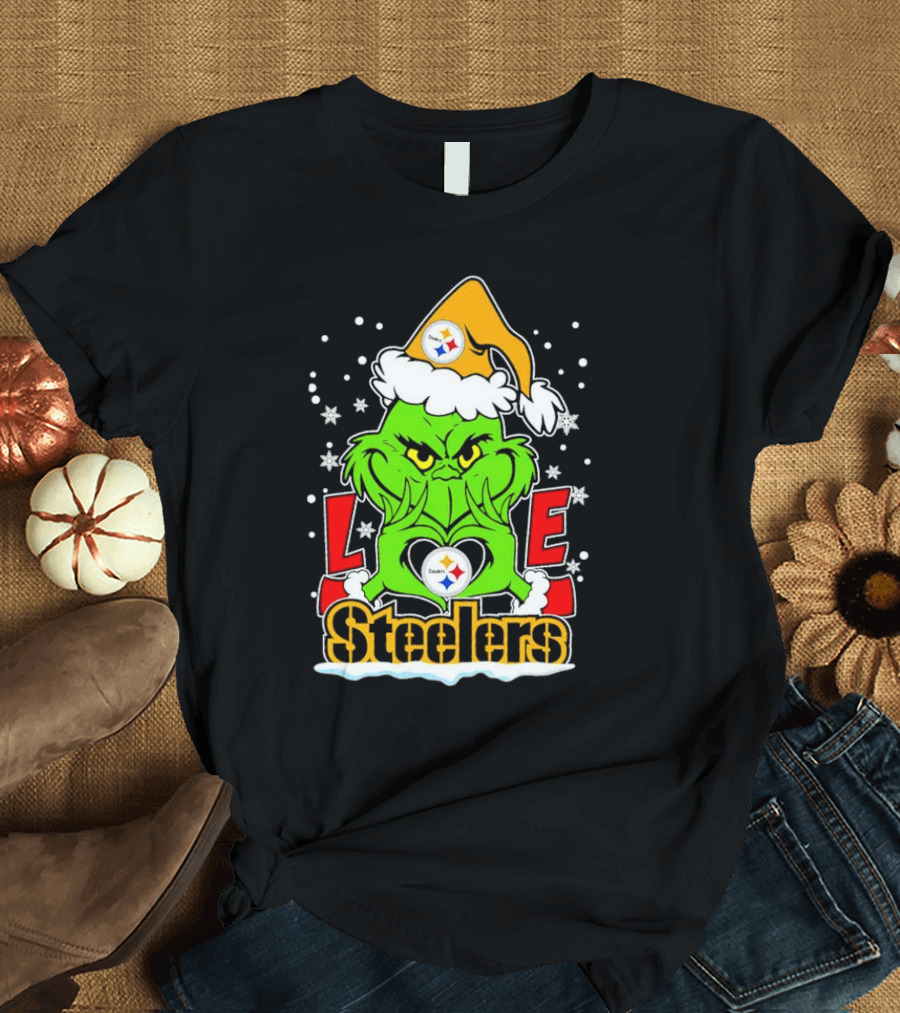 The Grinch Santa Hat Love Pittsburgh Steelers Logo Snowflakes T-Shirt