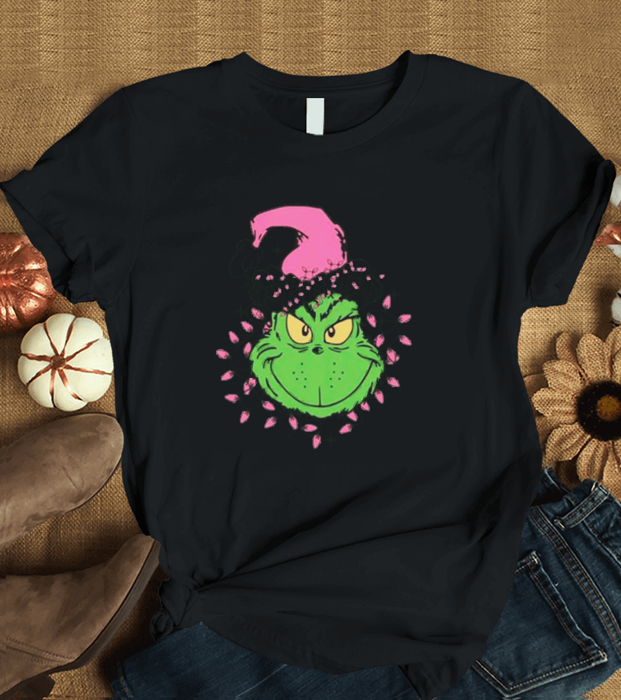 Grinch in Pink Santa Hat with Pink Christmas Lights T-Shirt