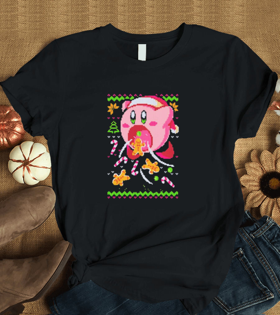 Kirby Santa Hat Eating Gingerbread Candy Canes Holiday T-Shirt