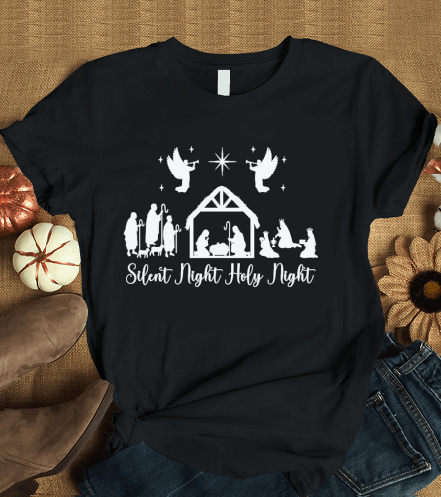 Silent Night Holy Night Nativity Scene with Angels and Star T-Shirt