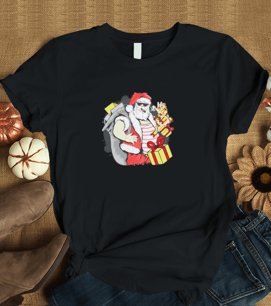 Santa Claus Cool Sunglasses Carrying Christmas Gifts T-Shirt