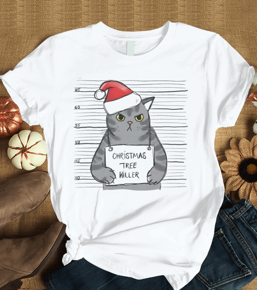 Grumpy Festive Cat with Santa Hat and Mischievous Look T-Shirt