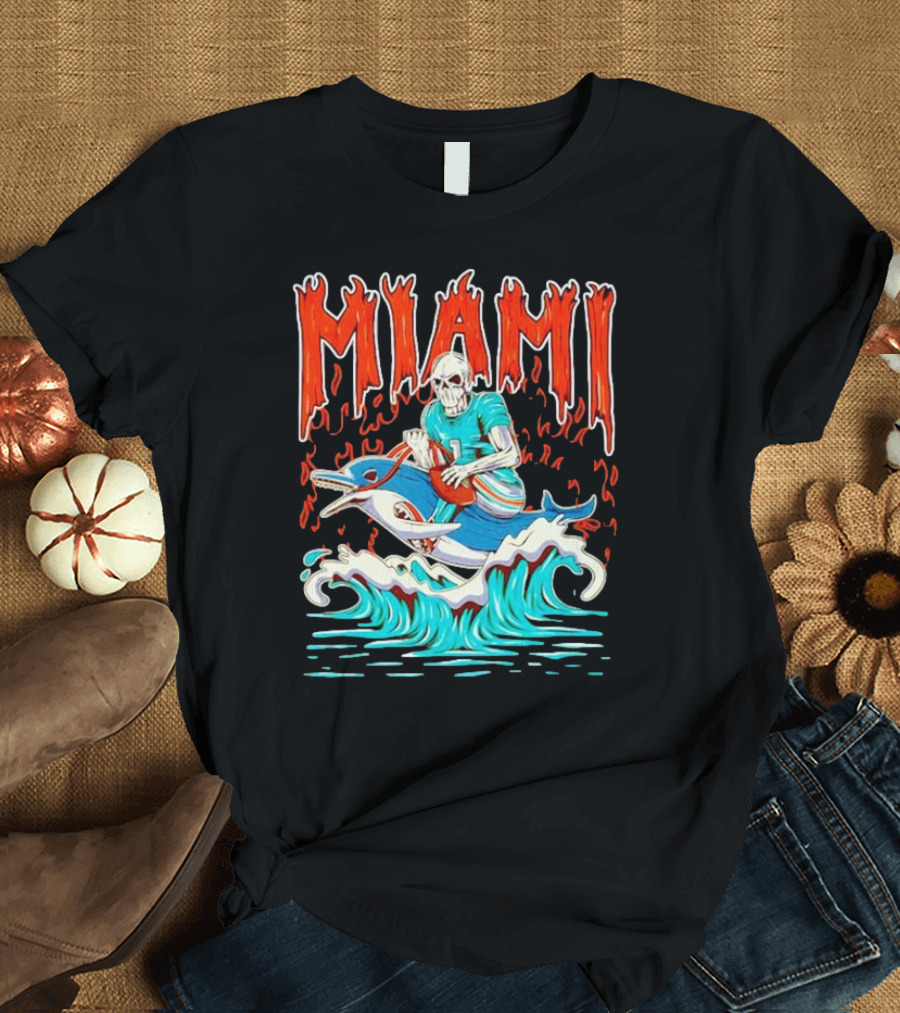 MIAMI Skeleton Riding Dolphin with Football and Flames T-Shirt