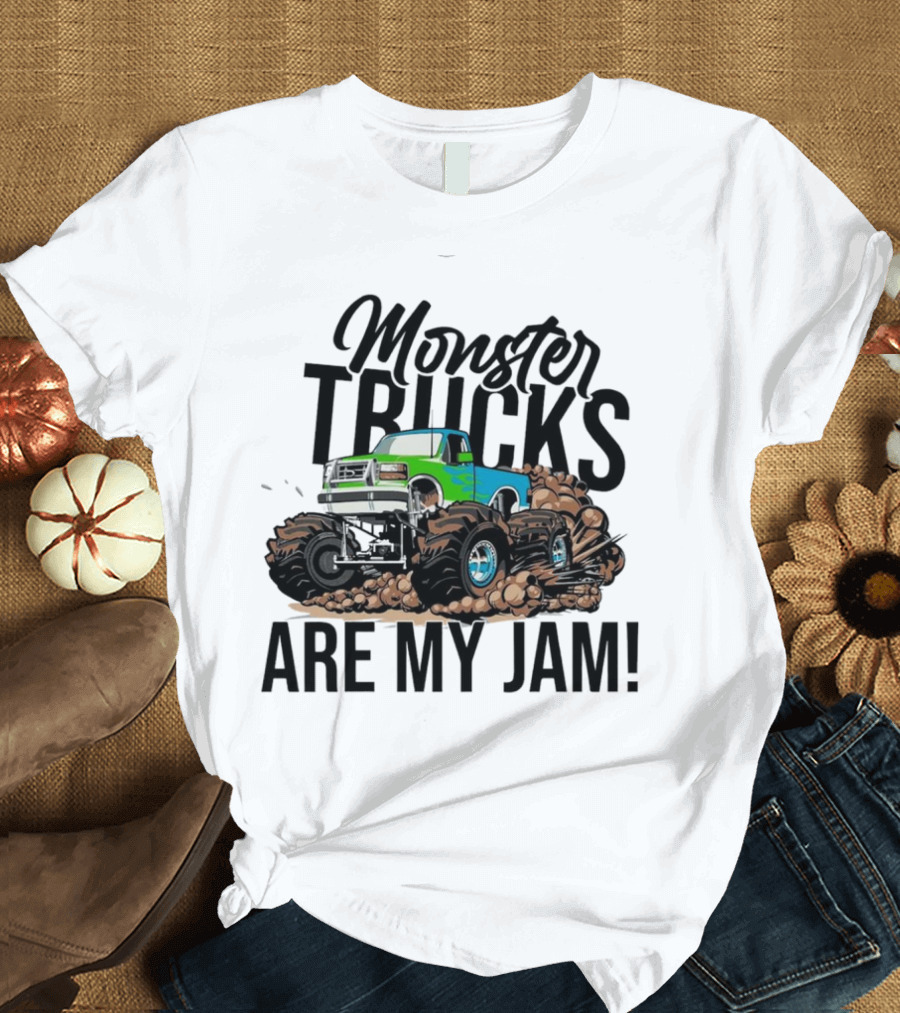Monster Trucks Are My Jam Off-Road Adventure with Green and Blue Truck T-Shirt