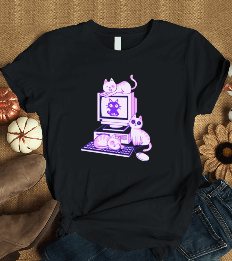 Cats Over Retro Computer with Pixel Art Cat on Screen T-Shirt