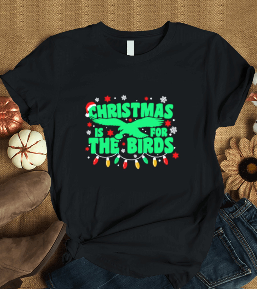 Christmas Is for the Birds Festive Holiday Lights Snowflakes Santa Hat T-Shirt