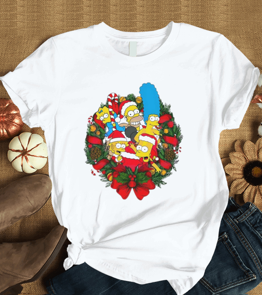 The Simpsons Holiday Wreath with Santa Hats and Candy Canes T-Shirt