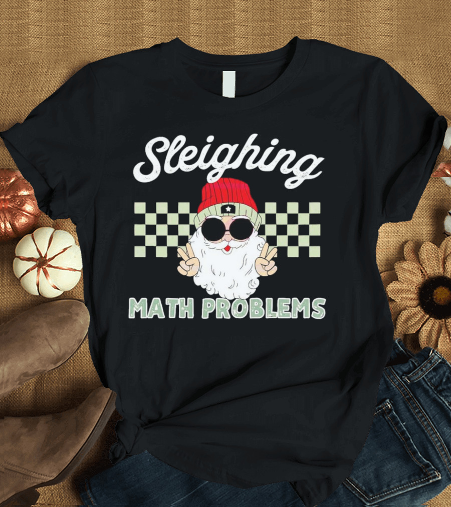 Sleighing Math Problems Santa Peace Sign Checkered Background T-Shirt
