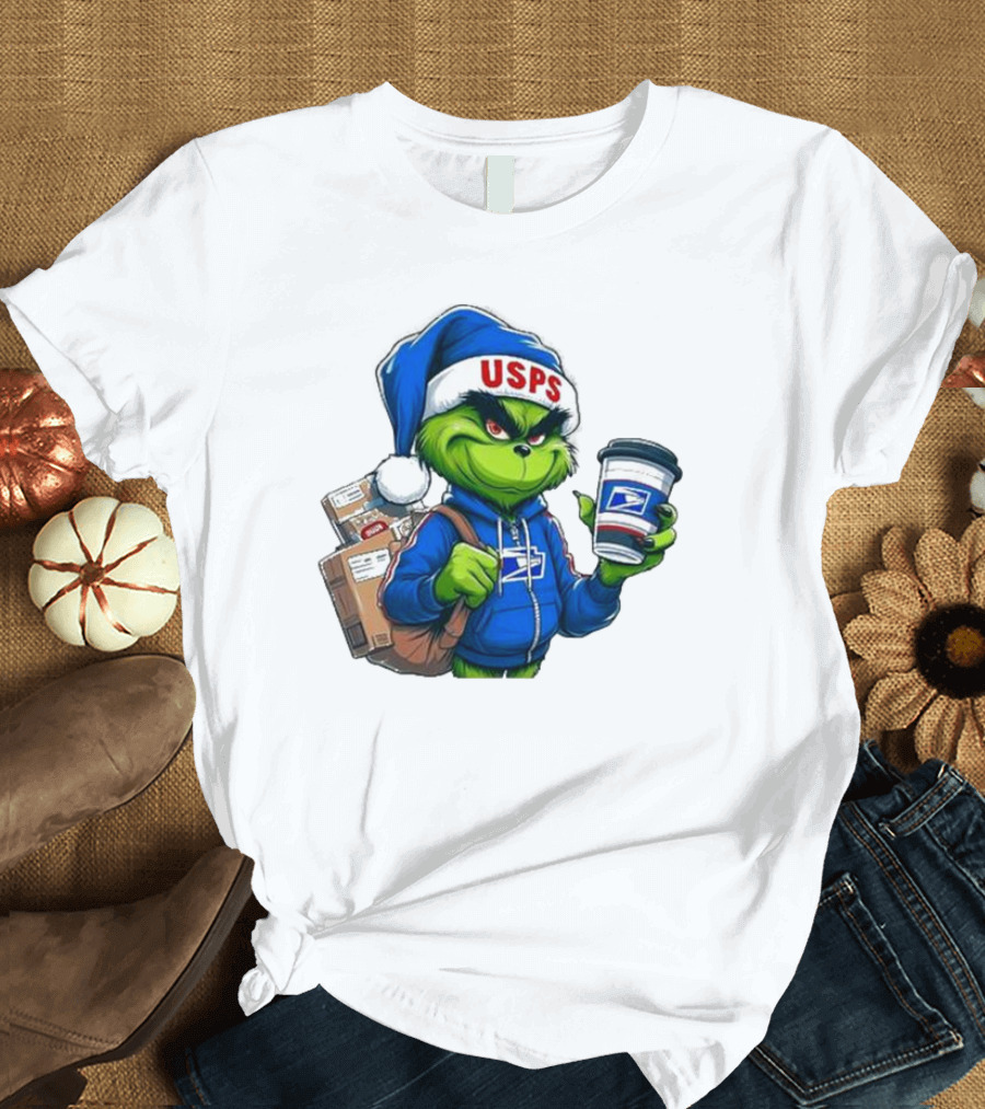 USPS Grinch Merry Christmas Delivery with Packages and Coffee T-Shirt