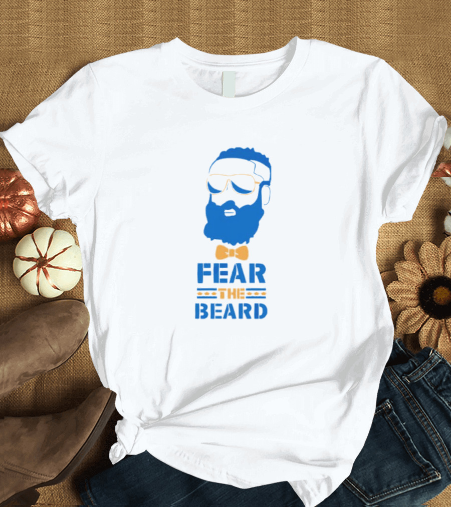 James Harden Basketball Fear the Beard Iconic Blue and Orange T-Shirt
