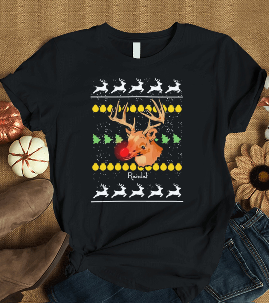 Randal Reindeer Festive Holiday Pattern with Red Nose and Antlers T-Shirt