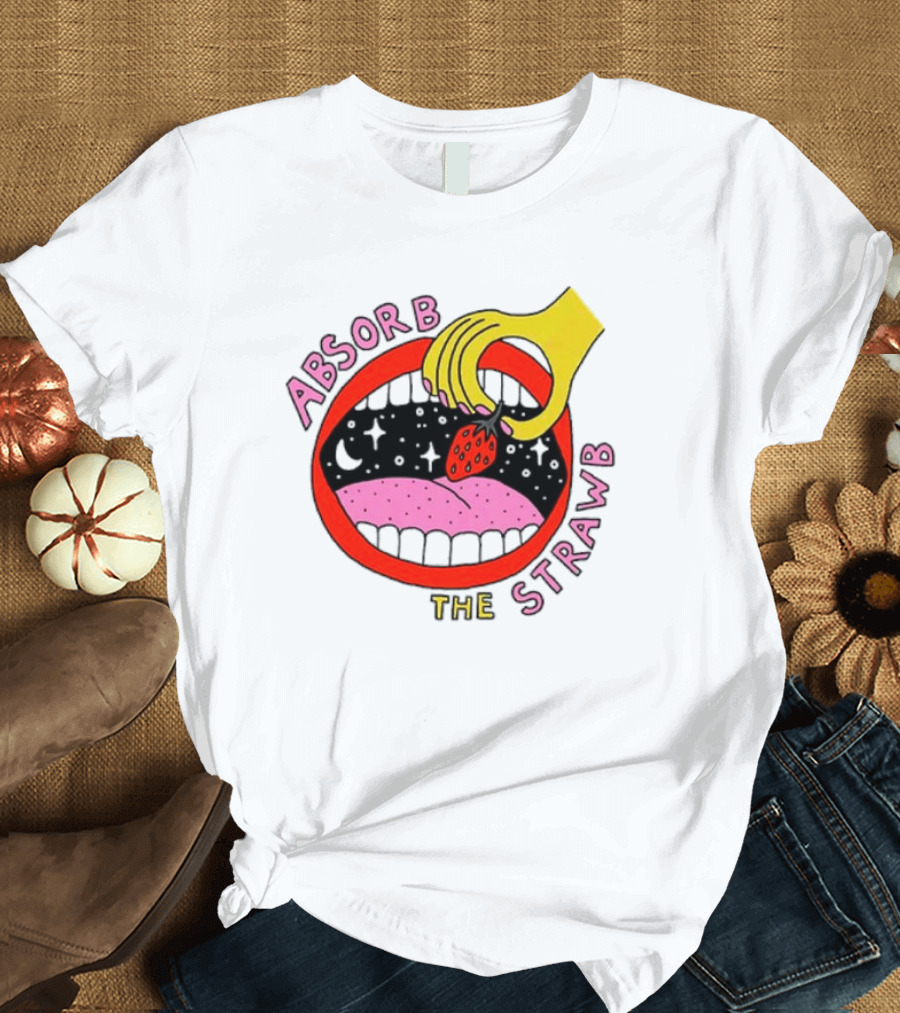 Absorb the Strawb Strawberry Imagery with Hand and Mouth T-Shirt
