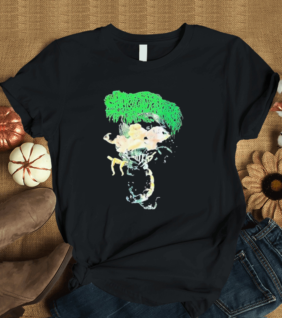 Sanguisugabogg Homicidal Ecstacy Abstract Green Dripping Text with Floral Skull and Spine T-Shirt