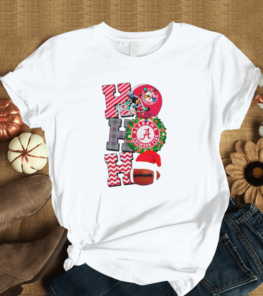 Alabama Crimson Tide Football Christmas Ho Ho Ho Santa Hat Wreath Football Helmet T-Shirt