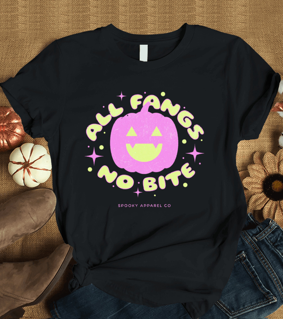 All Fangs No Bite Spooky Apparel Co Halloween Pumpkin T-Shirt