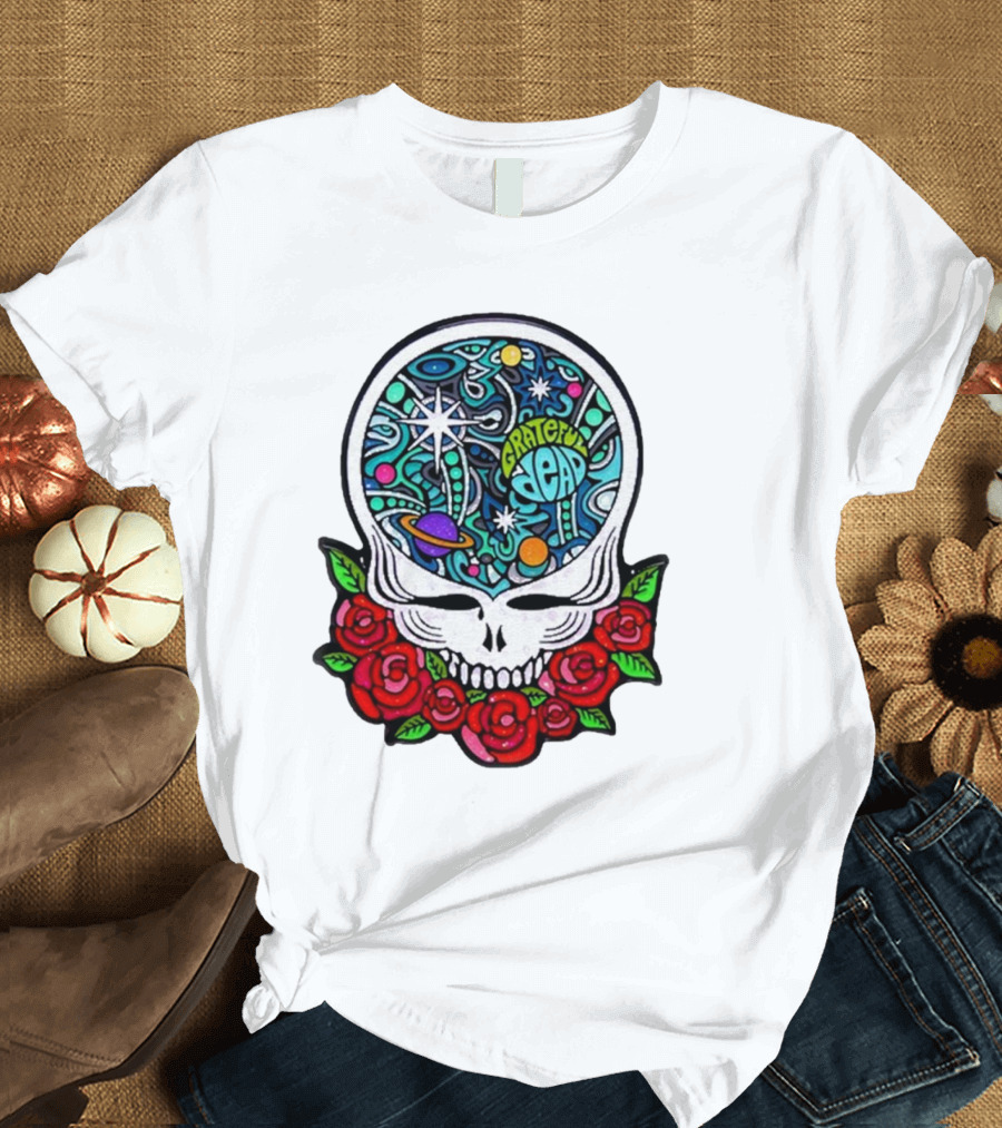 Grateful Dead Skull with Cosmic Rose Design by Danny Steinman T-Shirt