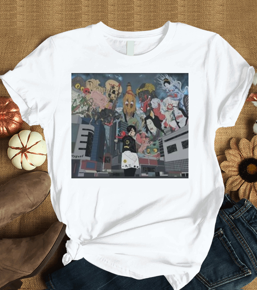 Kemuri Ikumi X Nass Anime Yokai-Inspired Urban Chaos Scene T-Shirt