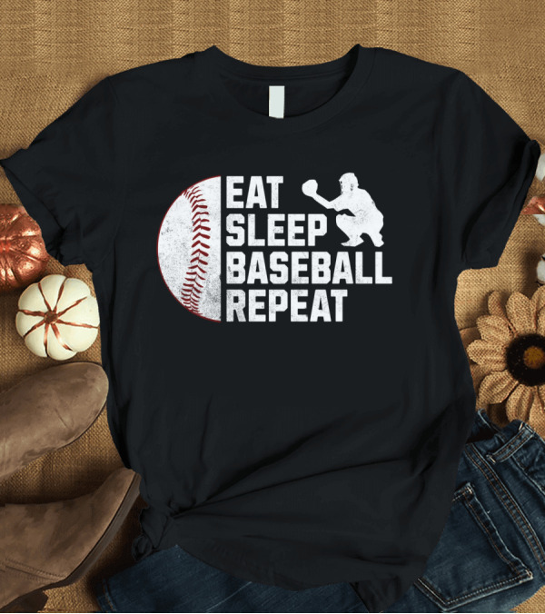 T-Shirt: Eat Sleep Baseball Repeat Silhouette Catcher T-Shirt Eat Sleep Baseball Repeat Silhouette Catcher T-Shirt