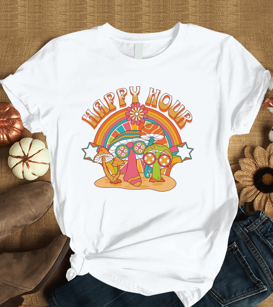 Happy Hour Psychedelic Mushroom Rainbow 70s T-Shirt