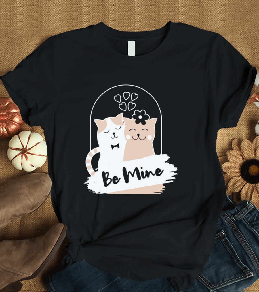 Be Mine Cute Cat Couple with Hearts and Bow Tie T-Shirt