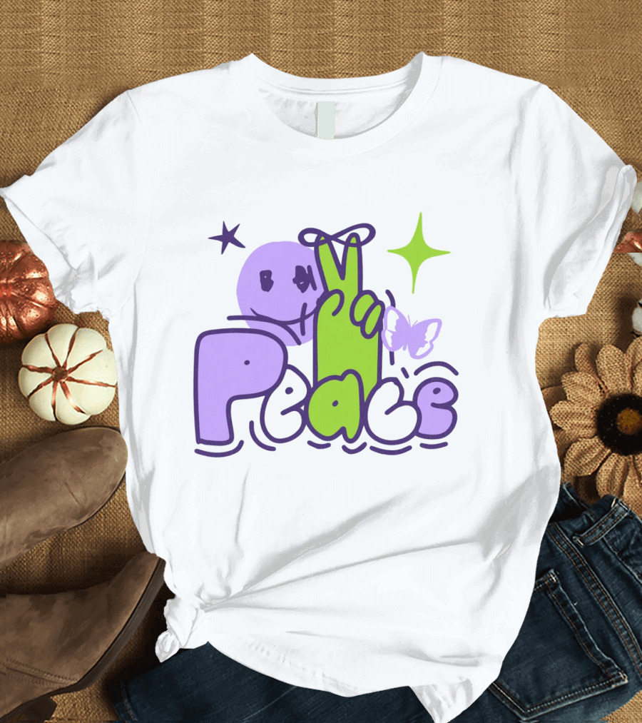 Peace Doodle Smiley Face Butterfly Star Purple Green T-Shirt
