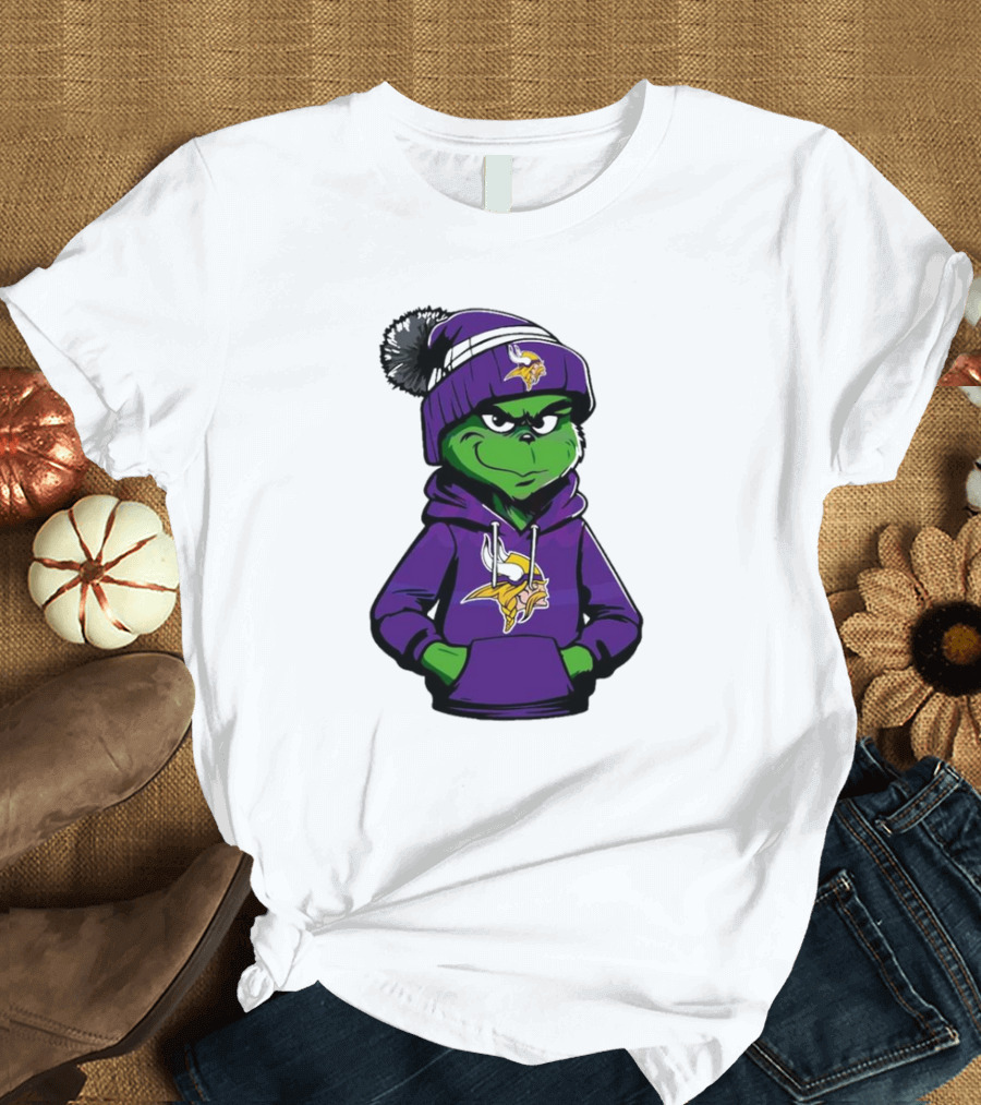 Grinch in Minnesota Vikings Hoodie and Hat with Team T-Shirt