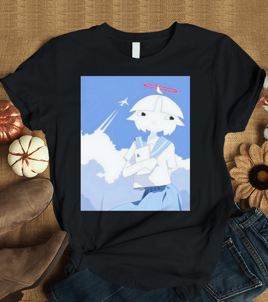 Chew’s District Clowdy Angelic Character Holding Notebook in Blue Sky with Airplane T-Shirt