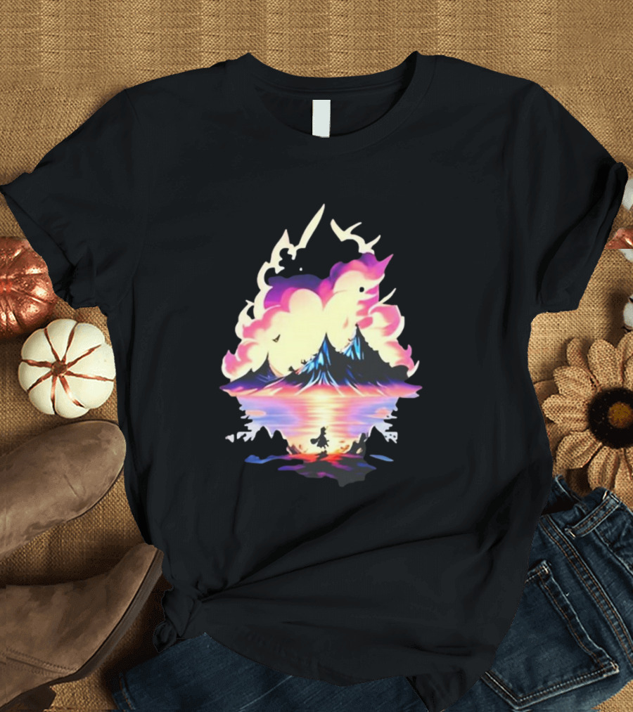 Fairy Tale Sight Comics Artwork Enchanted Landscape with Mountains and Reflection T-Shirt