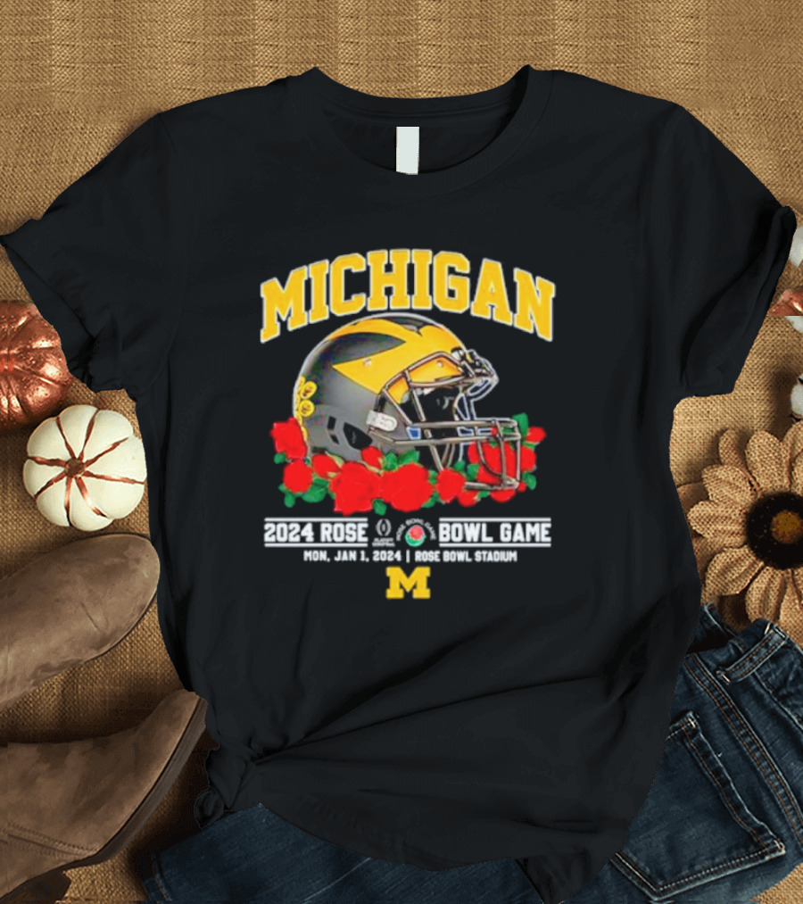 Michigan Football 2024 Rose Bowl Game Mon Jan 1 Rose Bowl Stadium Helmet Roses T-Shirt