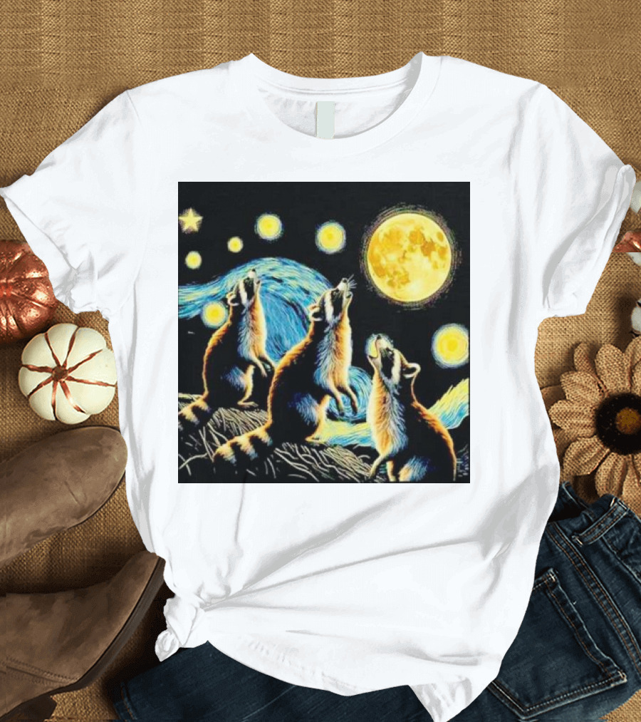 Raccoons Howling at Full Moon Starry Night Trash Pandas T-Shirt