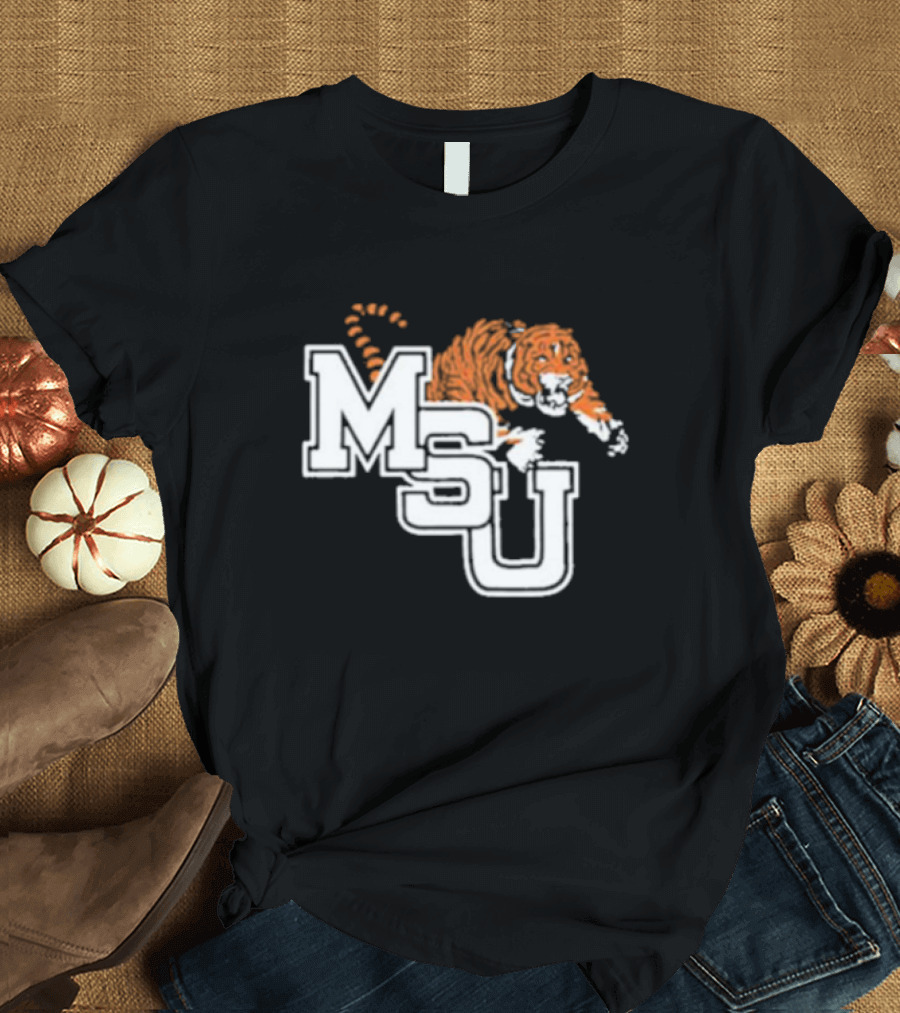 MSU Tiger Icon with Bold White Letters and Orange Stripes T-Shirt