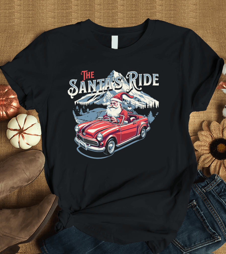 The Santa's Ride with Classic Red Convertible in Winter Mountain Scene T-Shirt