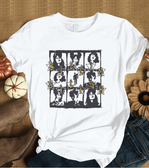 T-Shirt: Billie Eilish Grid Yellow Text Boyfriend Fit Girls Photos T-Shirt Billie Eilish Grid Yellow Text Boyfriend Fit Girls Photos T-Shirt