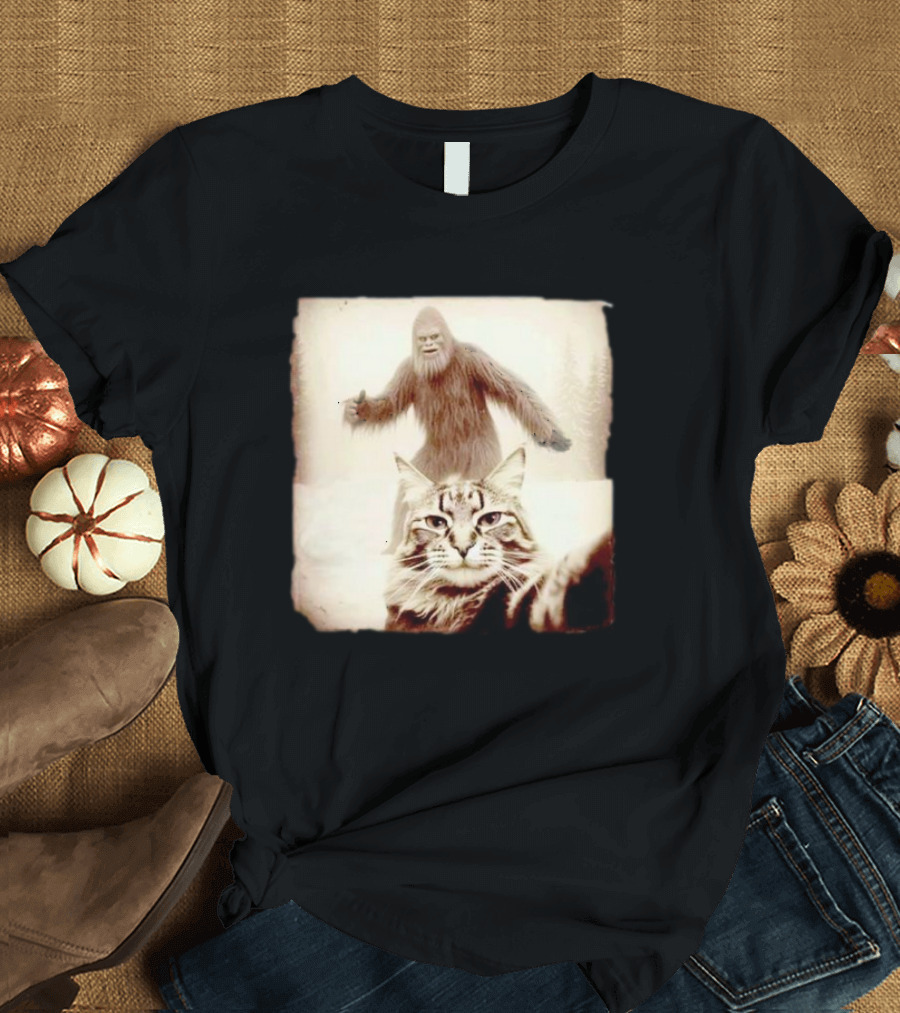 Cat Selfie with Bigfoot in Snowy Wilderness Scene T-Shirt