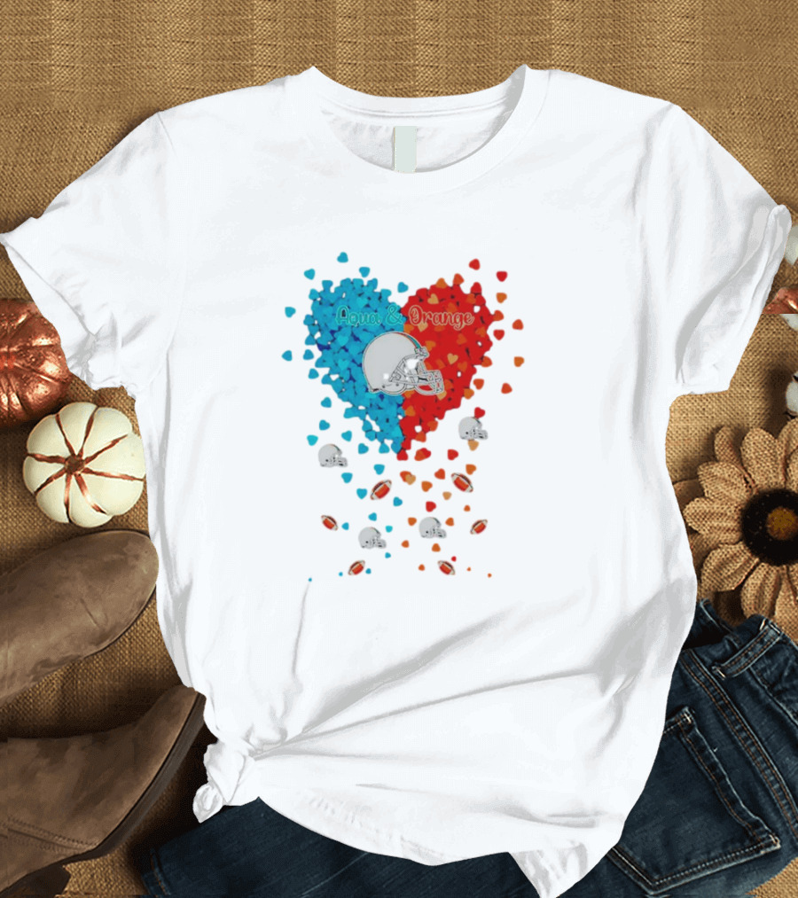 Miami Dolphins Aqua and Orange Heart with Football Helmets and Hearts T-Shirt