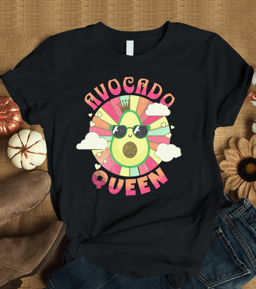 Kawaii Avocado Queen Retro Rainbow Sunburst with Clouds and Sunglasses T-Shirt