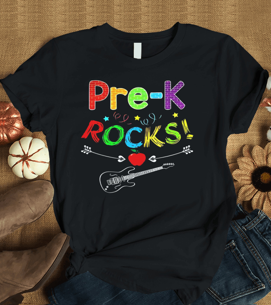 Pre-K Rocks Funny Kids Teachers Back to School with Guitar and Apple T-Shirt